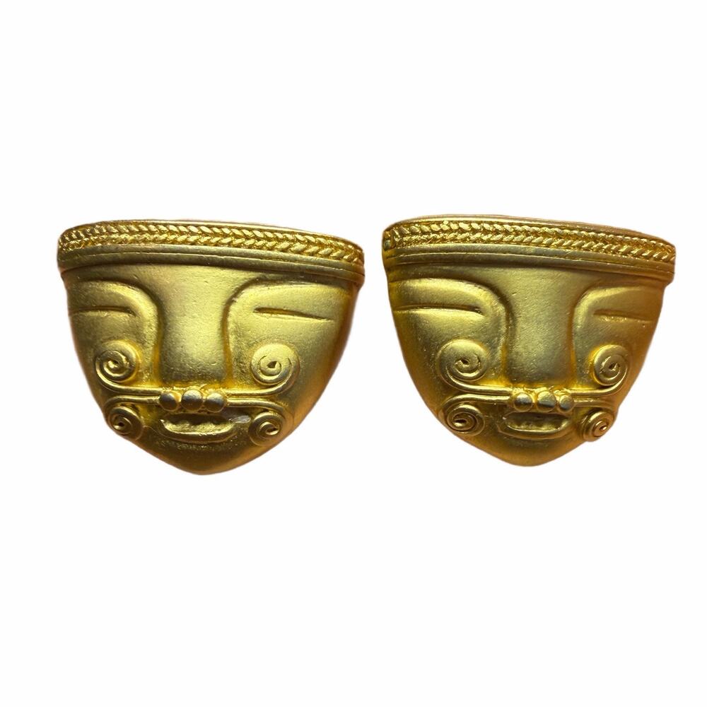 Inca Aztec Mayan Mask Gold Tone Clip On Earrings Vintage Art Replica